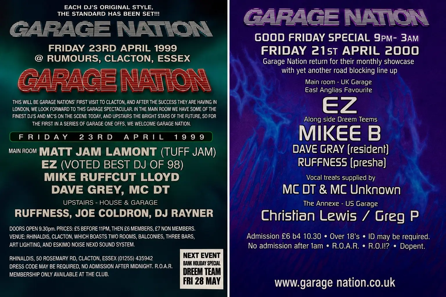 Garage Nation flyers from 1999 and 2000 listing DJ Ruffness alongside EZ, Mikee B and Matt Jam Lamont