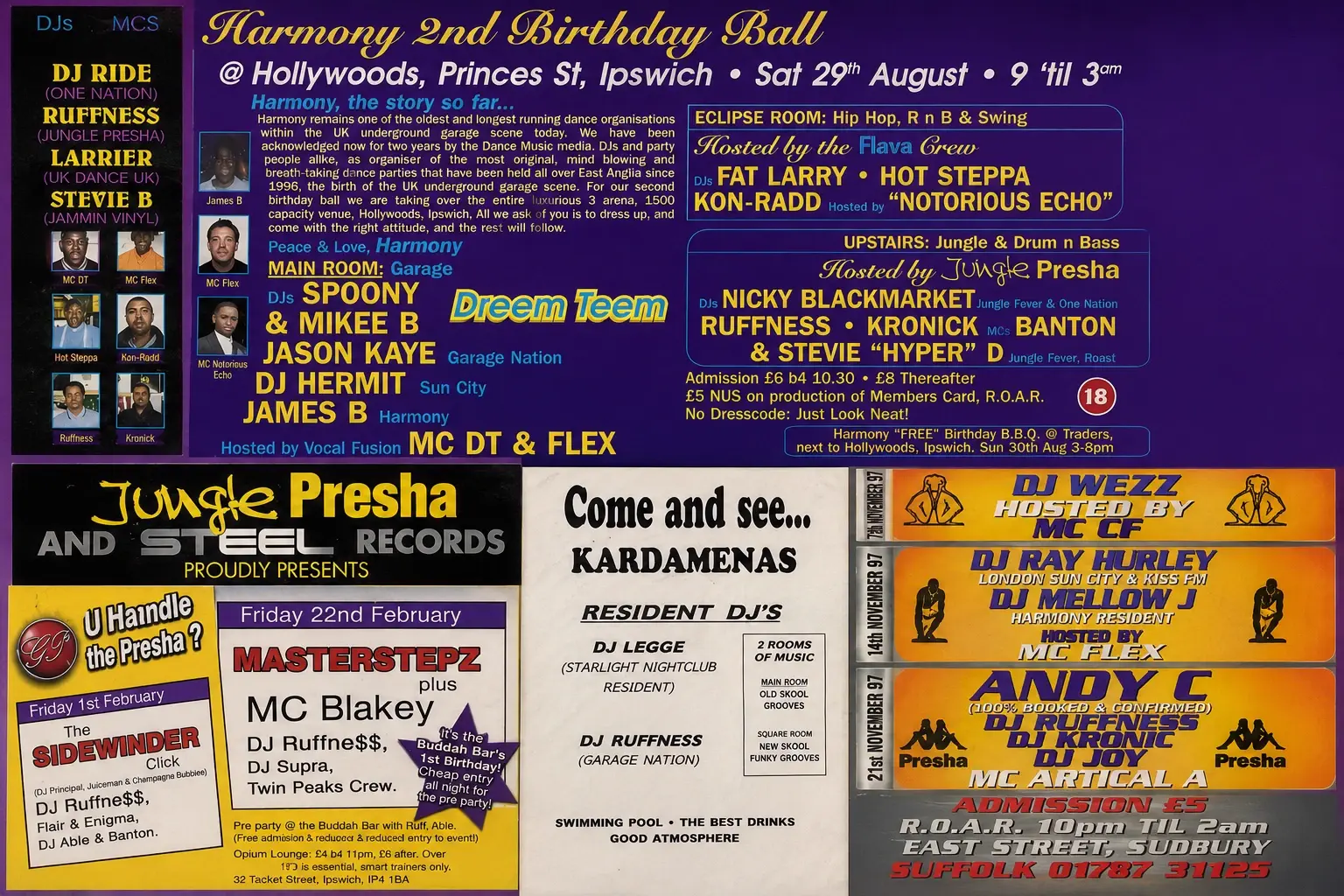 Flyers from the Jungle Presha years, including a Harmony Birthday Ball bill at Hollywoods in Ipswich listing DJ Ruffness