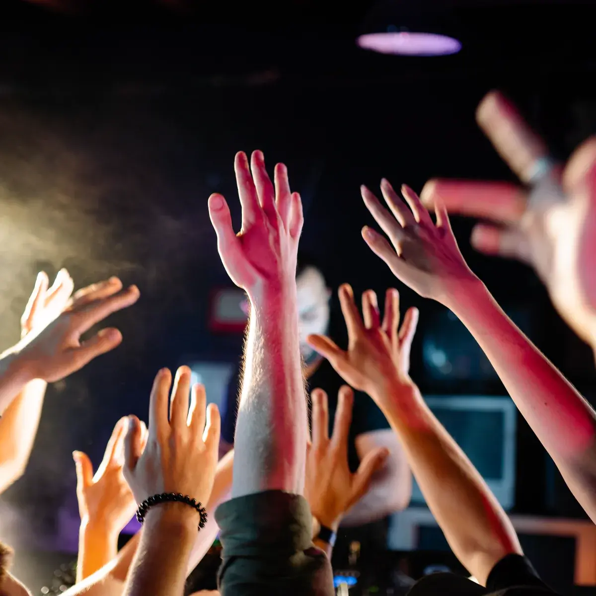 Hands in the air on a packed dancefloor