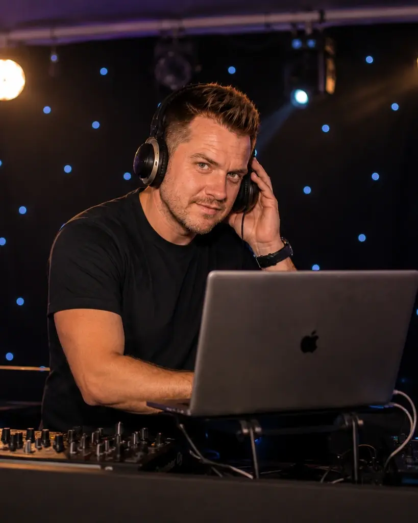 DJ Ruffness at the decks with headphones on