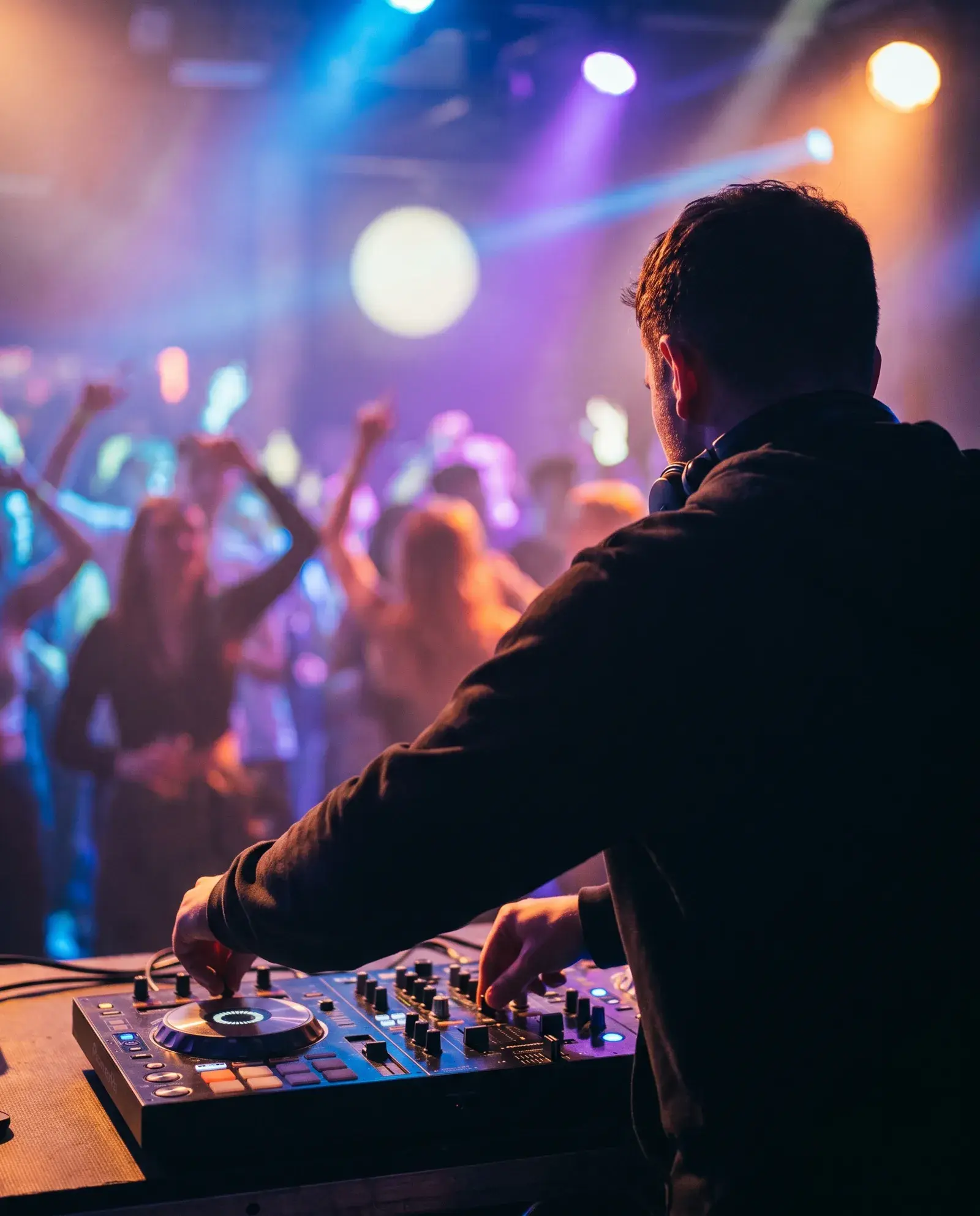 Over-the-shoulder view of a DJ performing at a Feel the Presha party