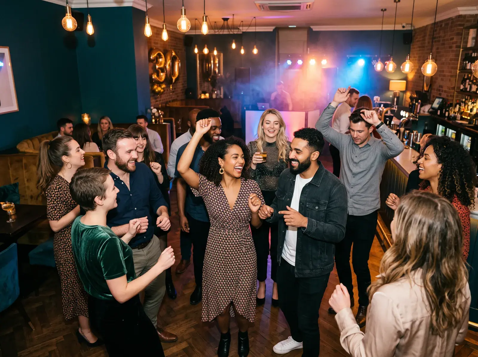 Friends dancing together at a Feel the Presha 30th birthday party